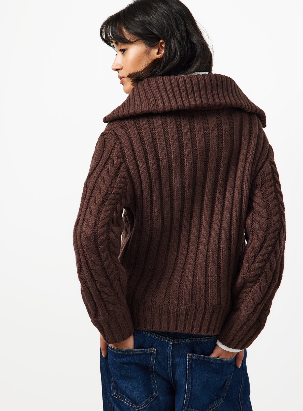 Brown Chunky Cable Zip-Through Cardigan L - Image 4 thumbnail